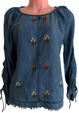 M&S Embroidered Denim Peasant Top – Size 12 Boho Chic Vibe