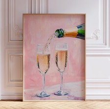 Girly Pink Cheers Champagne Bottle Cocktail Drink Bar Cart Wall Art Print