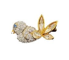 Genuine Swarovski Gold Tone Clear/Blue Crystal Bird Brooch