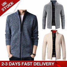 Mens Fleece Lined Cable Knitted Cardigan Warm Winter Outerwear Jumper Zip Up NEW