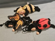 Anne Geddes 3x Sleeping Baby Bee Ladybird Butterfly Dressed Bean Filled Dolls GC
