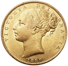 1880-M Queen Victoria Shield Reverse Sovereign - EXTREMELY RARE KEY DATE