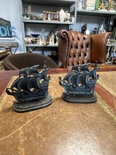 VTG 1925 Ship Bookends Bronzed iron Greenblatt Studio Galleon TIME OF ELIZABETH