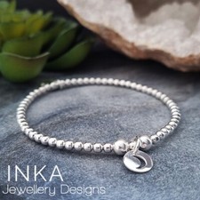 925 Sterling Silver stretch beaded Stacking Bracelet with Moon Coin charm INKA