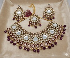 Wine colour Indian bollywood bridal Necklace tikka earring jewellery kundan set