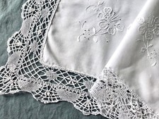 Antique Cotton Pillow Sham Handmade Bobbin Lace Hand Embroidery 72cm / 28" White