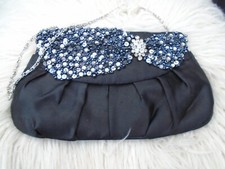 Lucie K Black Satin Clutch/Shoulder Bag with Bead and Sequin Bow