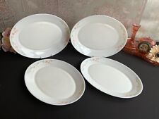 4 x Vintage Milk Glass Steak Plates White With Pink Peach Flowers 30.5cm x 22.5c