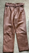 Ladies Taper Leg Brown Faux Leather Belted Paperbag Trousers,Eur38(30”W):H&M