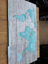Large 3-Piece World Map Canvas Wall Art – Rustic Grey Wood Effect with Turquoise