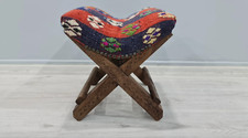 antique wooden chair, Vintage ottoman Stool, kilim stool, primitive stool