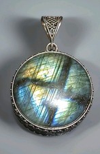 Labradorite Round 925 Silver Pendant. Absolutely Stunning. Large Intricate 4377
