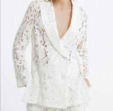Zara Lace Floral Brocade Crochet Double Breasted White Jacket Blazer - Size XS