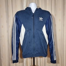 Adidas Blue Hoodie Men's Size Medium Full Zip Cotton Body Nylon Long Sleeve