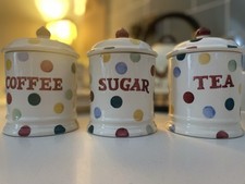 Emma Bridgewater polka dot TEA COFFEE SUGAR canisters.