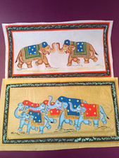 Traditional Indian Painting On Silk / Elephants / Unframed / Herd (B2256)