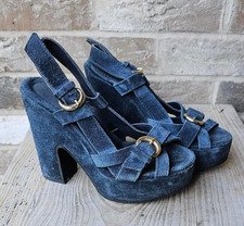 Blue Suede Platform Sandals | Retro 70s Hippie Style