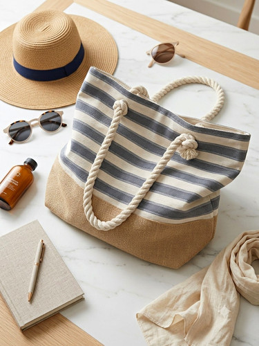 Beige blue striped - woven, straw