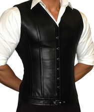 Mens Corset Real Leather Lace Up Back Front Waist Training Vest Waistcoat