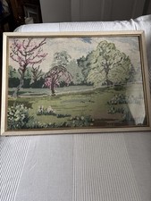 Vintage 1970s/80s Framed Needlepoint Wall Art - Traditional Park/Garden Scene