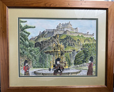Edinburgh Castle Scottish Pipers - Pen and Ink drawing with water colour wash