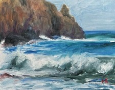 Original art oil painting Impressionist Cornish seascape Cornwall. J Smith
