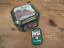 2 Vintage tins - Persil washes whiter + Harrods mint humbugs, victorian scenes