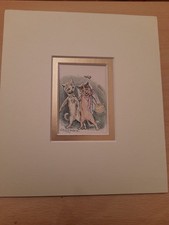 LOUIS WAIN ANTIQUE MINIATURE PRINT DATED 1900 HAND COLOUR DOUBLE MOUNT 5.75"X6"