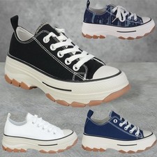WOMENS LADIES CASUAL LACE UP CANVAS PLATFORM PLIMSOLLS TRAINERS PUMPS SHOES SIZE