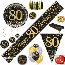Black 80th & Happy Birthday Party Decorations Buntings Balloons Banners Gold Age