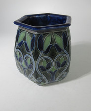Royal Doulton Lambeth Stoneware Vase Art Nouveau Hexagonal Floral Pattern Blue