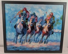 Vintage Painting Racetrack Horse Race Oil on Canvas Signed Framed Large 65x55cm