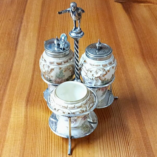 Silver plate cruet stand with - plate,