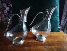Two Vintage Ducks Claret Decanters Glass and Silver Plated Beaks Tail And Base