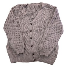 Vintage Wool Aran Knit Cardigan Chunky Cable Fishermans Purple Sweater Mens XL