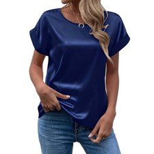 Women Satin Silk Plain Blouse Ladies Short Sleeve Holiday Crew Neck Tops T Shirt
