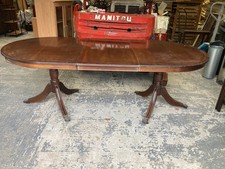 Vintage Brown Wood Double Pedestal Oval Extending Dining Table Claw Feet Wheels