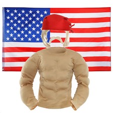 80'S WRESTLER COSTUME HOGAN MUSCLE CHEST MOUSTACHE BANDANA FLAG FANCY DRESS