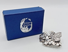 Vintage MASJ Silver Scenes Pewter Butterfly & Pansies Brooch Dated 1988. Boxed.