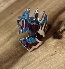 Vintage Navajo Sterling Silver Turquoise & Red Coral Peyote Bird Ring Size 10