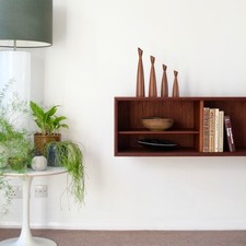 Danish Mid Century Teak & Glass Wall Mounted Floating Cabinet vintage bookcase