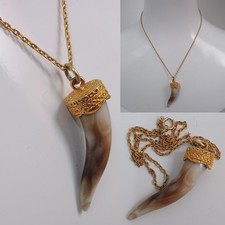 Vintage 1960s Tiger Tooth Horn Pendant Charm Necklace Chain 1960s Unique