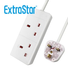 2 Way Gang Double Socket Power Mains Extension Lead 1M Metre Cable 13A White