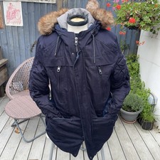 LARGE ZARA MAN DENIM JACKET BLUE PARKA HOODED FUR TRIM PADDED POLYESTER LINING