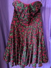 Oasis Cherry Print Dress 10 Boho Vintage Flared Ditsy Strapless Bardot Corset