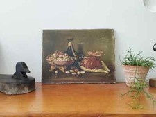 Still Life - Oil on Canvas by Laurent, 1895. French antique. Sugared almonds, br