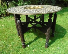Anglo-Indian Antique Brass Top Tea/Coffee Table ~ Ornate Carved Wood Base/Stand