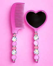 Pink Beaded Comb Mirror Set |