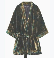 Zara Paisley Green Velvet Jacket Kimono Sz Xs S Oversize 44in Chest More 14  16