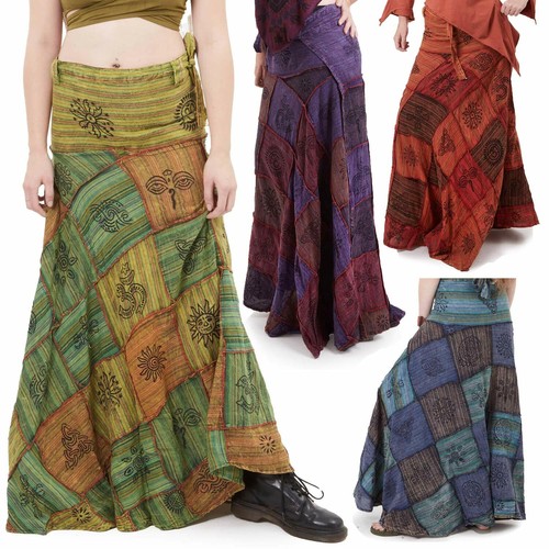 Long earthy patchwork skirt - earthy,